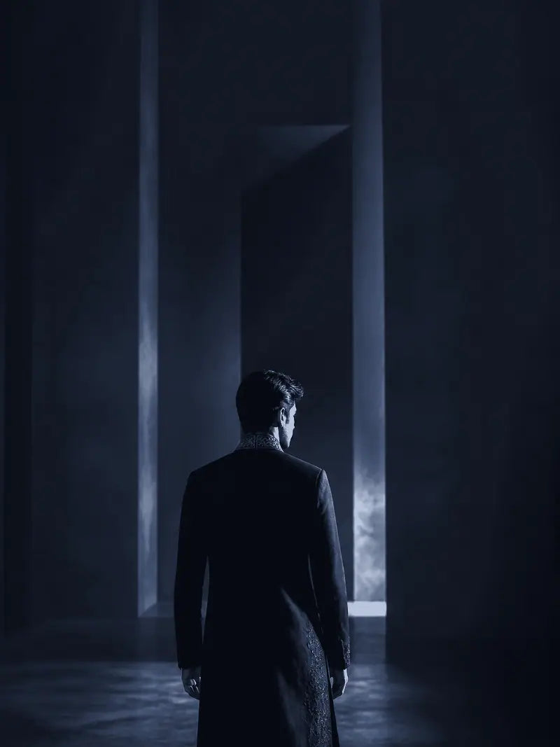 Midnight Navy garment shown from behind in a gallery setting.