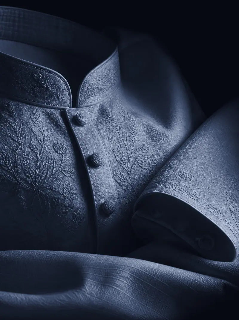Close-up of the collar, embroidery and covered buttons in Midnight Navy.