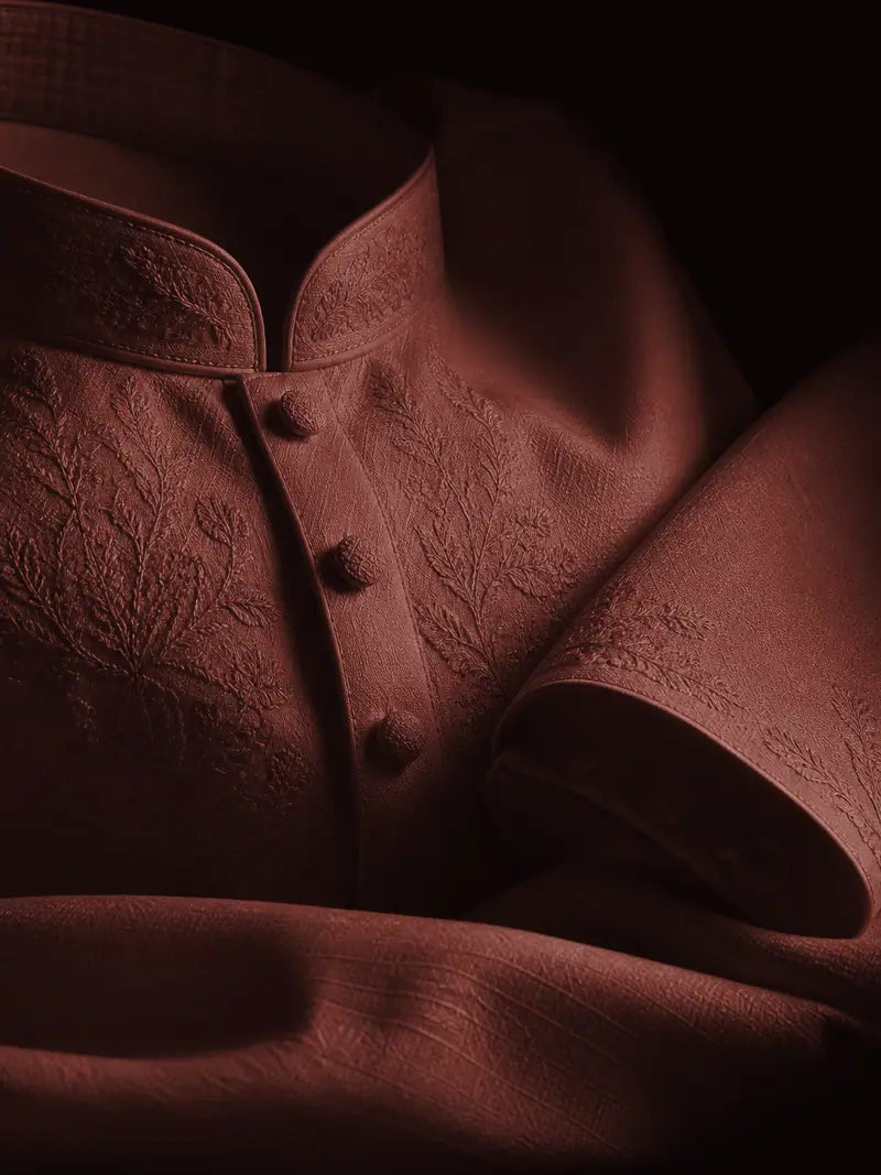 Maroon fabric made up as a finished garment detail.