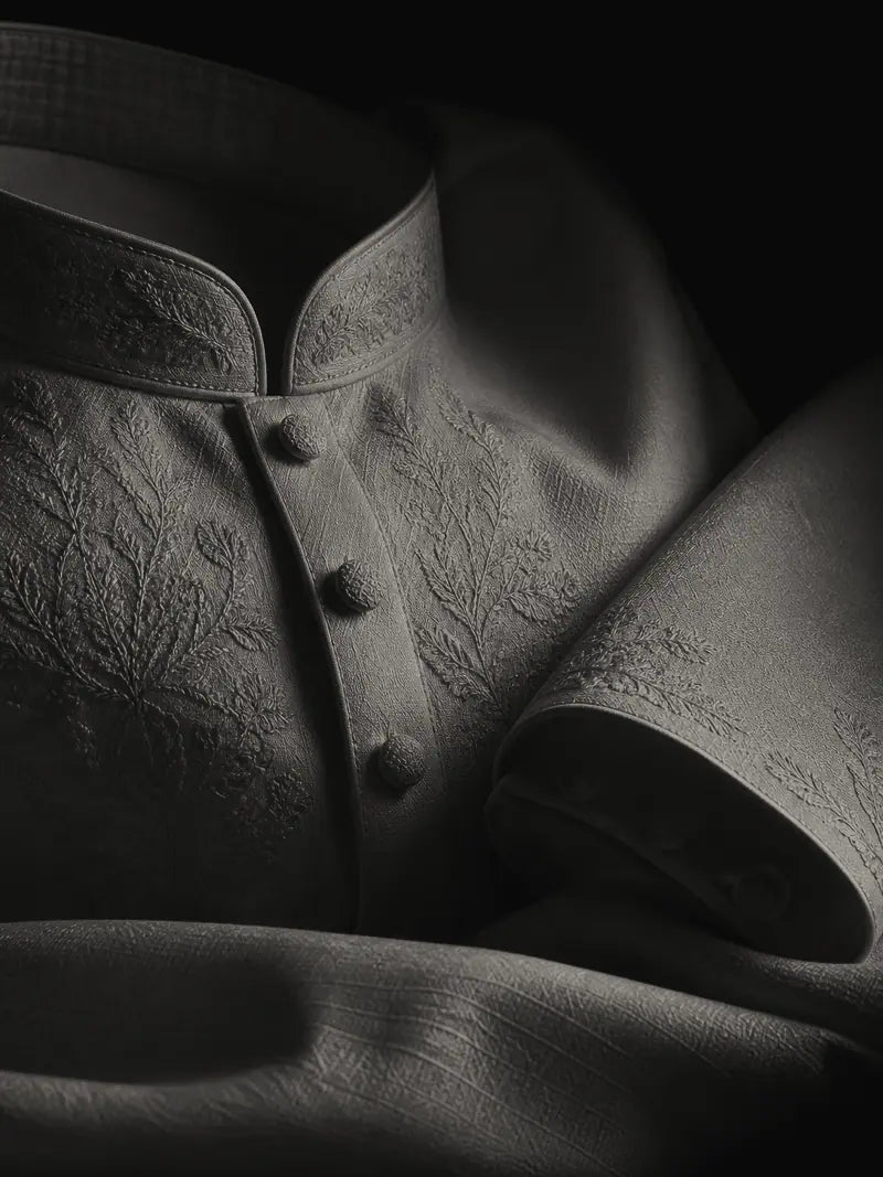 Close-up of the collar, embroidery and covered buttons in Onyx Black.