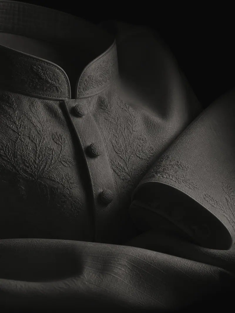 Onyx Black fabric made up as a finished garment detail.