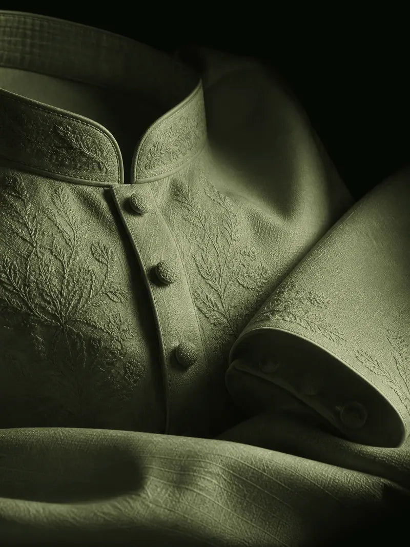 Close-up of the collar, embroidery and covered buttons in Olive.