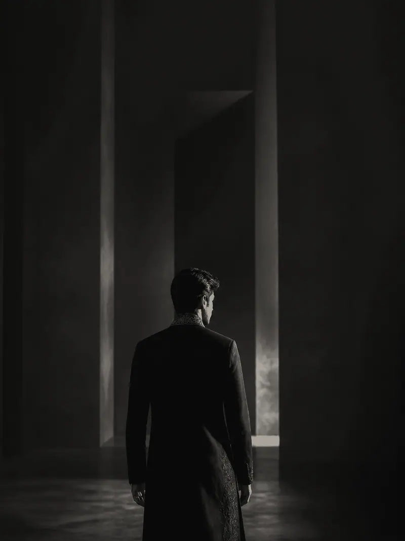 Onyx Black garment shown from behind in a gallery setting.