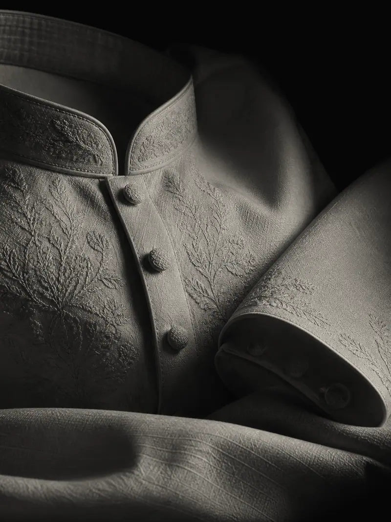 Close-up of the collar, embroidery and covered buttons in Stone.