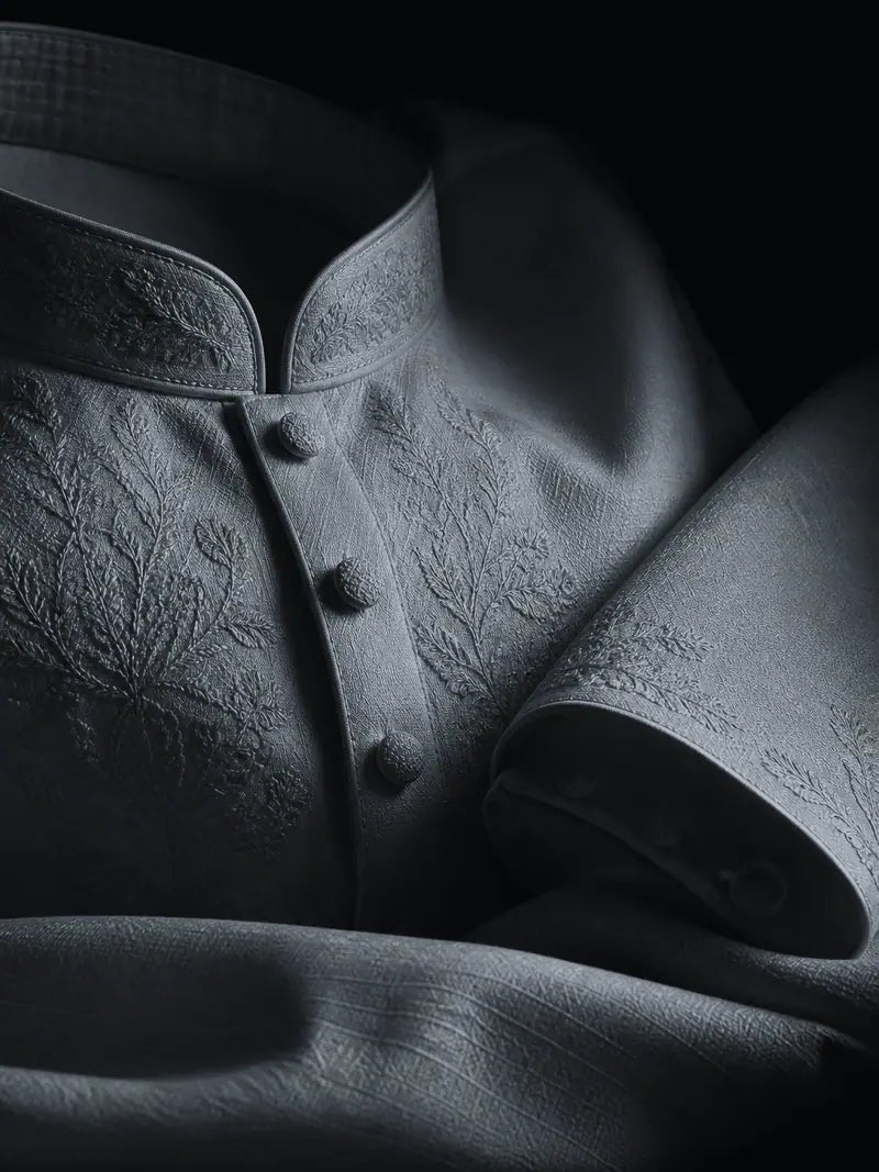 Close-up of the collar, embroidery and covered buttons in Slate.
