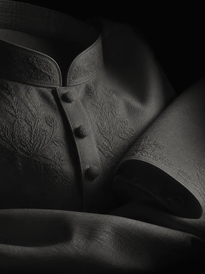 Charcoal fabric made up as a finished garment detail.