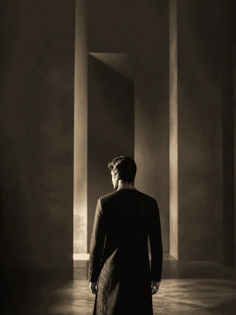 Optic White garment shown from behind in a gallery setting.