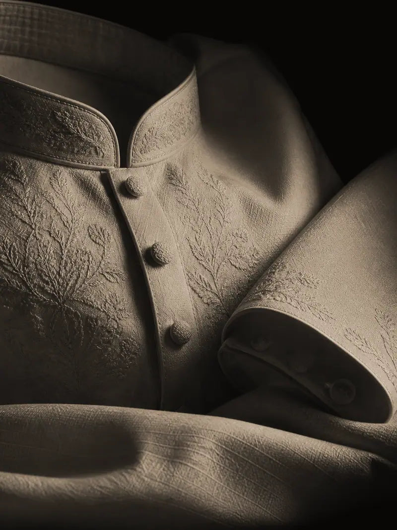 Ivory fabric made up as a finished garment detail.