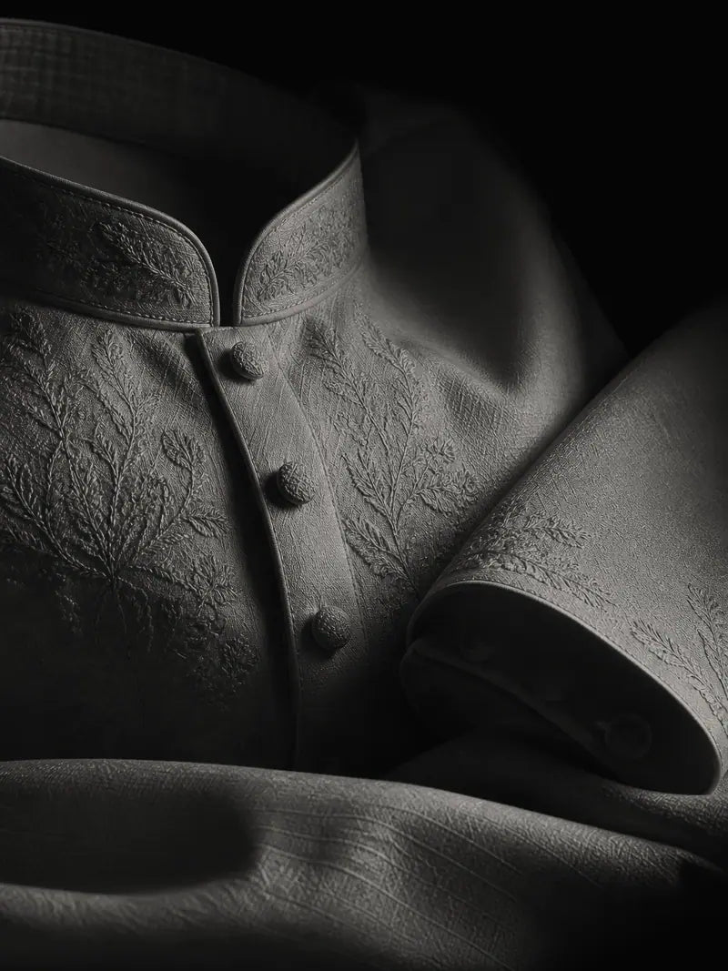 Close-up of the collar, embroidery and covered buttons in Charcoal.
