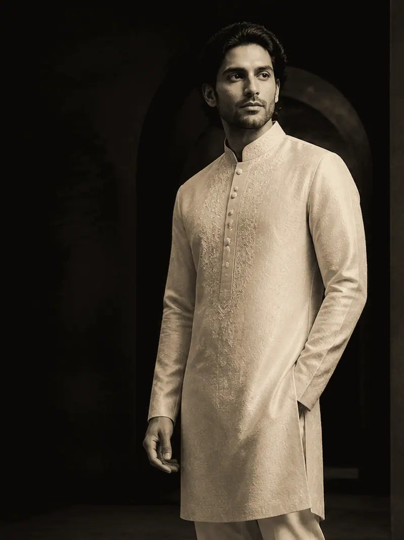 Tehzeeb Silk Waistcoat in Champagne.