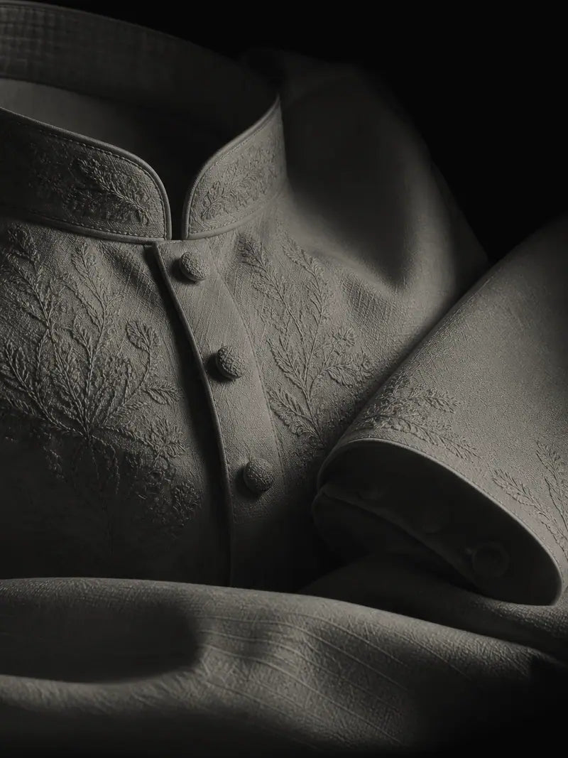 Stone fabric made up as a finished garment detail.