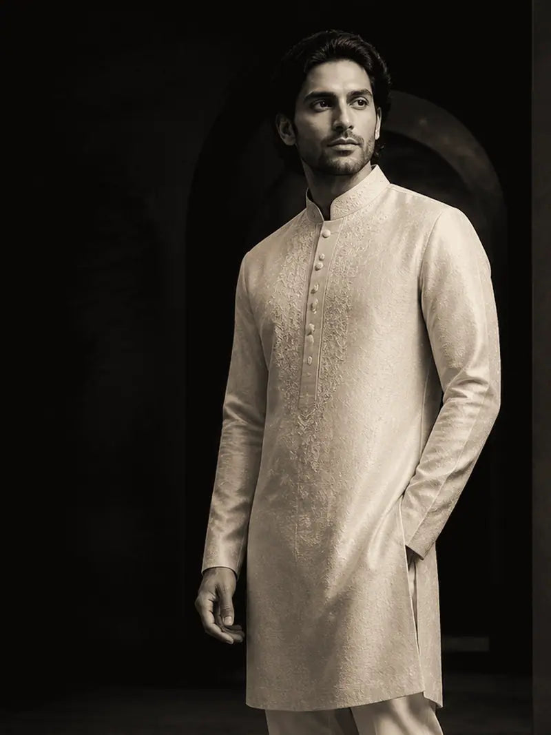Zaviyaar Signature Kurta in Ivory.