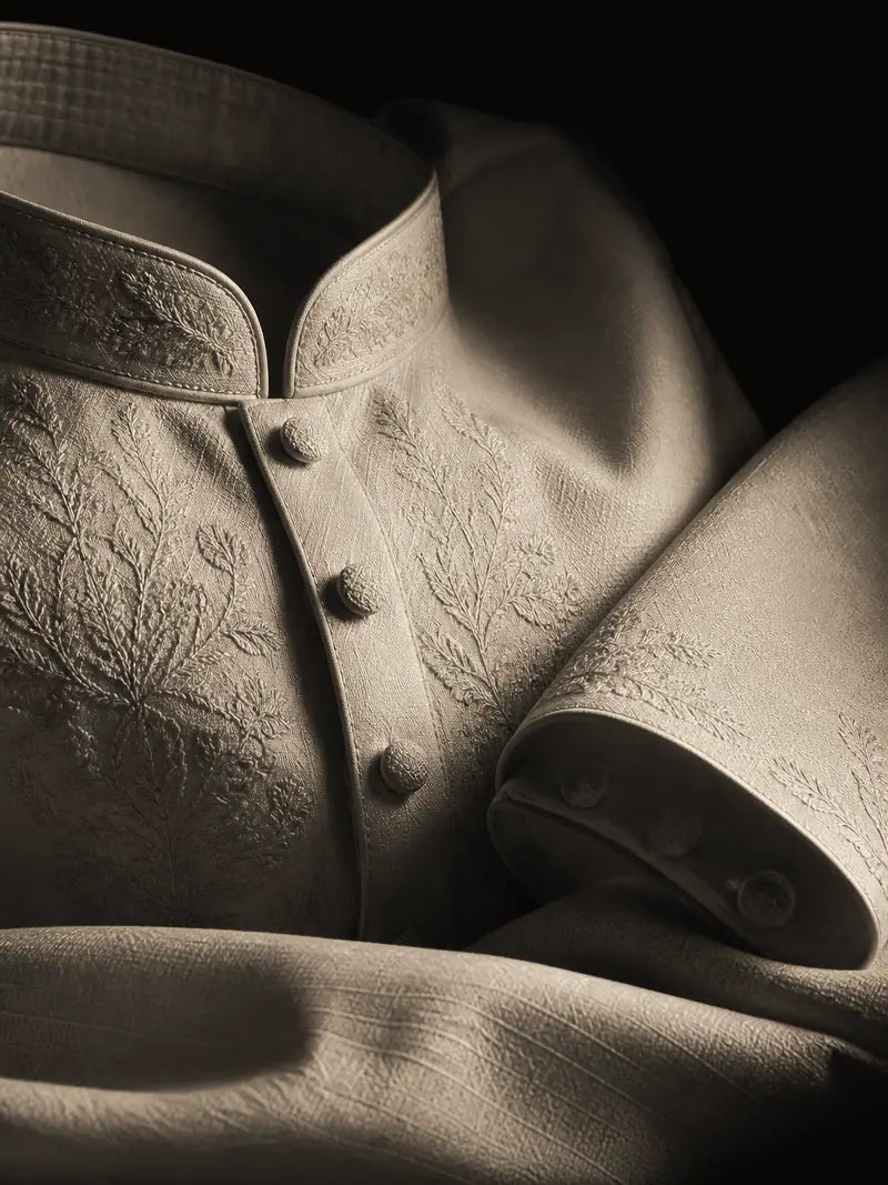Close-up of the collar, embroidery and covered buttons in Ivory.