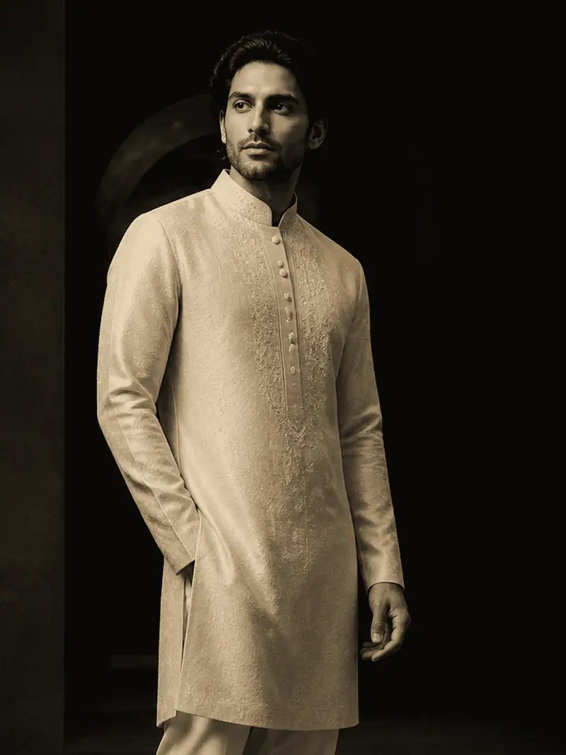 Zaviyaar Signature Kurta in Sand.